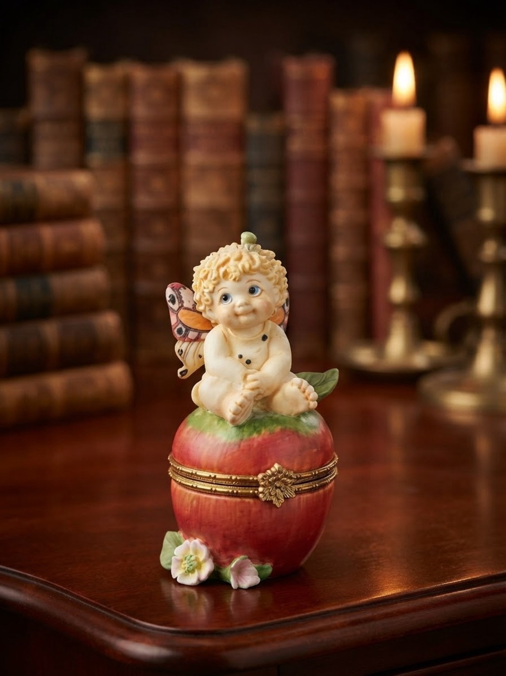 Vintage 1980’s Cherub Fairy Trinket Box on Red Apple - Decorative Home Accent